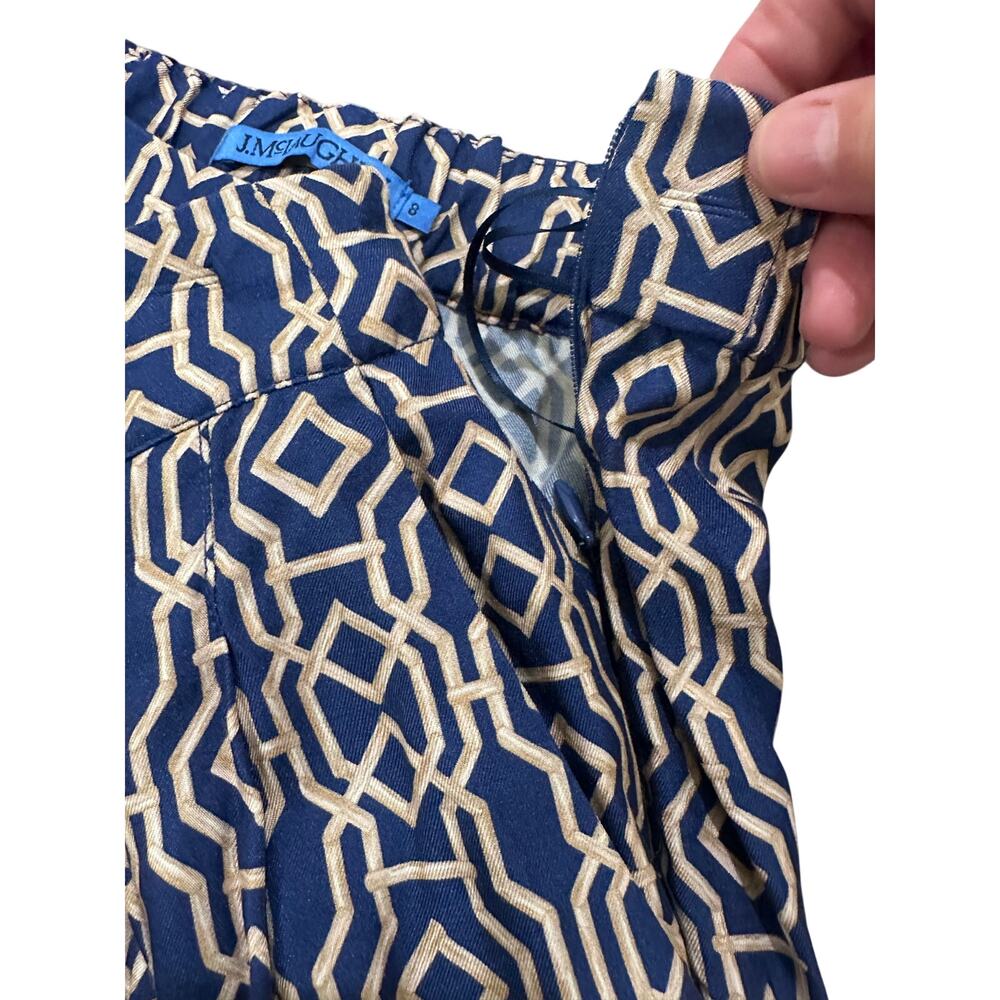 J.McLaughlin Silk Blend Geometric Wide Leg Pull On Pants Navy Tan Quiet Luxury 8 - Picture 8 of 11